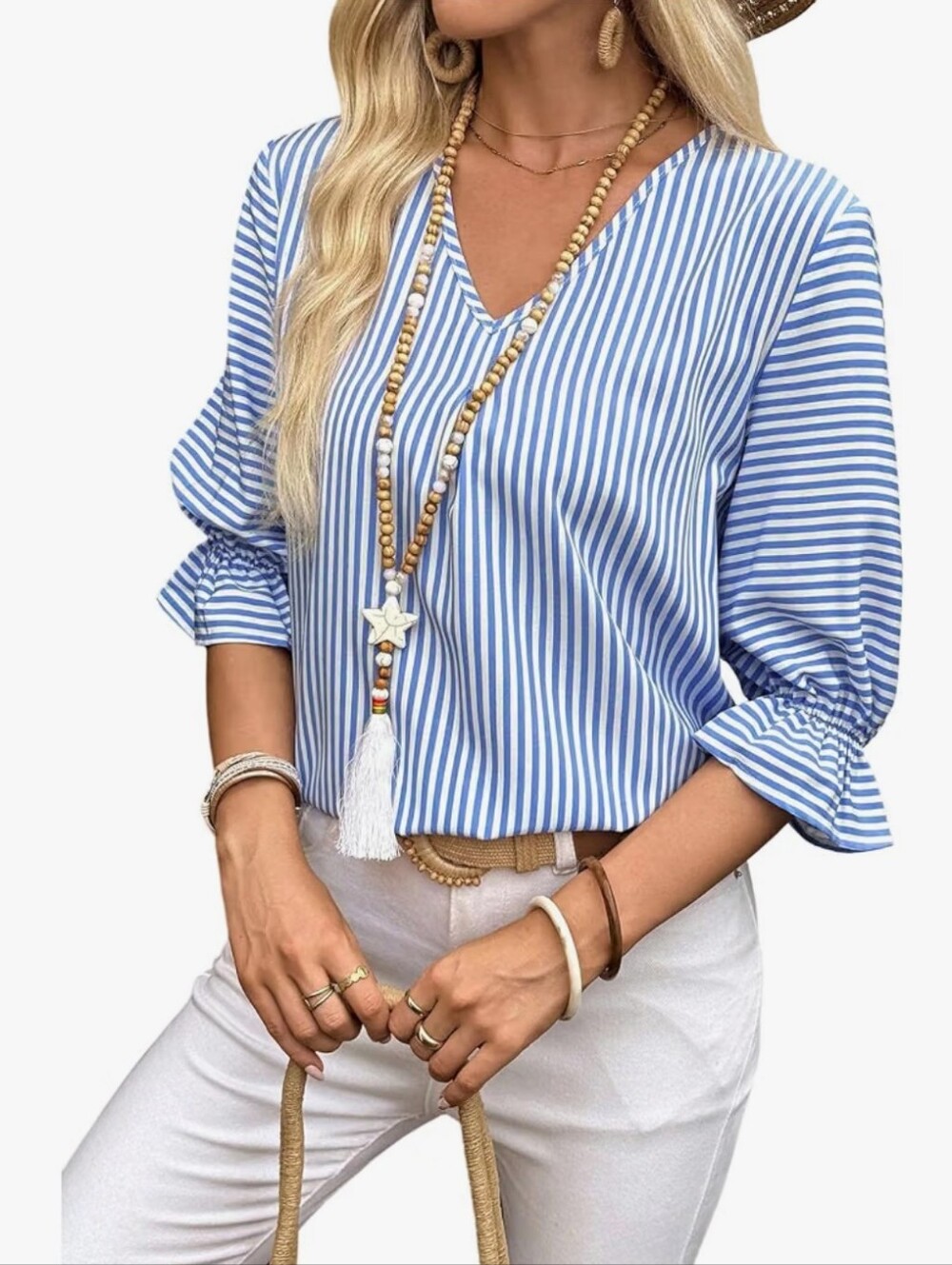 Striped Blouses Ruffle Sleeve V Neck Dressy Shirt